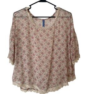 Free People Tan Floral Semi Sheer Crochet Trim Bohemian Blouse Women's Small